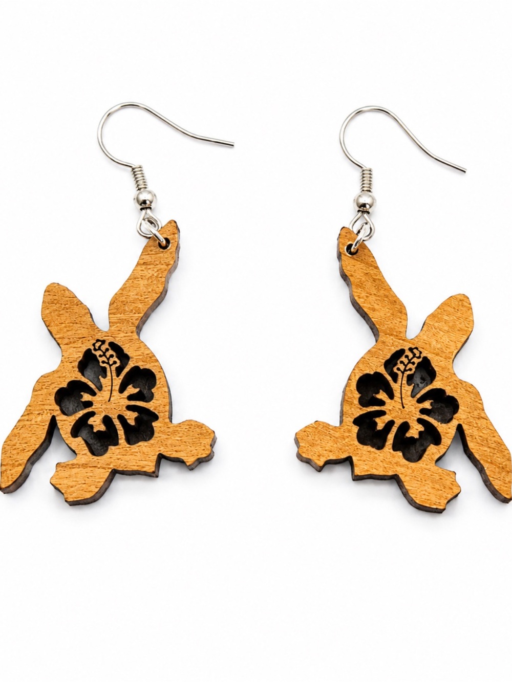 Handmade Turtle Hibiscus Wood Dangle Earrings